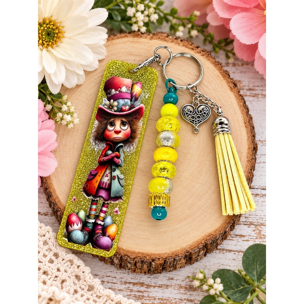 Mad Hatter Inspired Glitter Keychain with Tassel and Beaded Charm Yellow 12